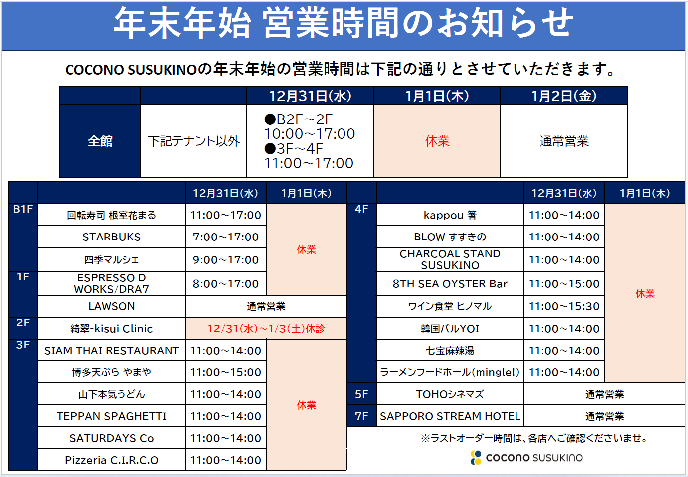 cococon（年末セール中）様 年末年始の営業時間のお知らせ | 施設からのお知らせ | ココノ